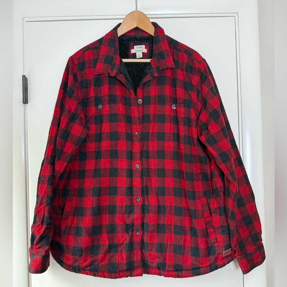 LL Bean Buffalo Plaid Shirt Jacket Sherpa Lining Red Black Check Cabincore Cozy